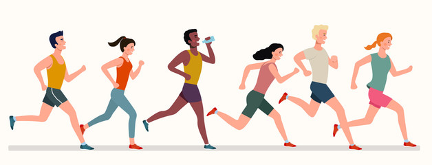 Young people running marathon. Vector flat style illustration