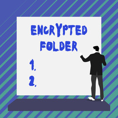 Writing note showing Encrypted Folder. Business concept for protect confidential data from attackers with access Short hair immature young man stand in front of rectangle big board