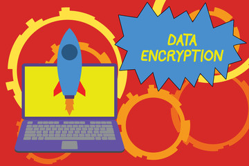 Conceptual hand writing showing Data Encryption. Concept meaning Symmetrickey algorithm for the encrypting electronic data Launching rocket up laptop Startup Developing goal objective