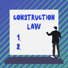Writing note showing Construction Law. Business concept for deals with matters relating to building and related fields Short hair immature young man stand in front of rectangle big board