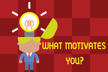 Conceptual hand writing showing What Motivates Youquestion. Concept meaning know reasons why you want to wake up each morning Standing successful man suit necktie surging innovative solutions