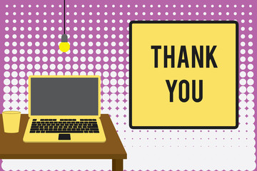 Conceptual hand writing showing Thank You. Concept meaning a polite expression used when acknowledging a gift or service Front view laptop lying on wooden desktop light bulb glass