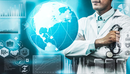 Medical Healthcare Research and Development Concept. Doctor in hospital lab with science health research icon show symbol of medical care technology innovation, medicine discovery and healthcare data.