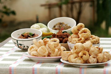 a lot of sticky pork in the dish on table