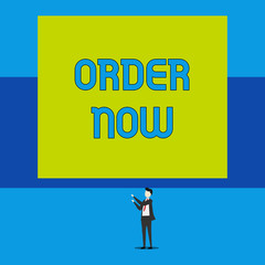 Word writing text Order Now. Business photo showcasing the activity of asking for goods or services from a company Isolated view young man standing pointing upwards two hands big rectangle