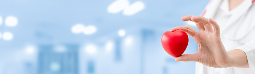 Doctor holding a red heart at hospital office. Medical health care and doctor staff service concept.