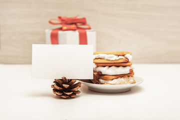 smore - cookies, chocolate and marshmallows - traditional dessert - card mock up