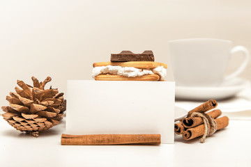 smore - cookies, chocolate and marshmallows - traditional dessert - card mock up