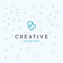 The logo of the dental clinic for dental treatment on a blue background is an icon of a white tooth with a plus
