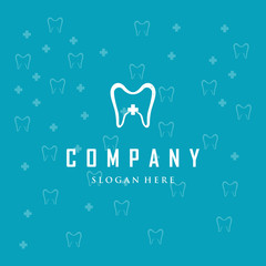 The logo of the dental clinic for dental treatment on a blue background is an icon of a white tooth with a plus