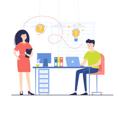 Young businessman and girl in the office interior near desk, computer and folders. Business question and success concept. New idea. Vector flat illustration. Coworking place