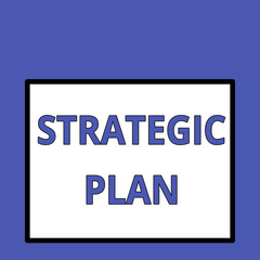Writing note showing Strategic Plan. Business concept for a systematic process of envisioning a desired future Front close up view big blank rectangle abstract geometrical background