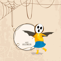 Little kid in skull mask for Halloween celebrations.