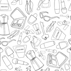 beautiful black-white seamless background of sketch female things. Fashion hand-drawn illustration.The dress, eyeshadow, sandals, lipstick, bag, key, earrings, glasses, perfume