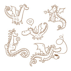 Cartoon dragons set. Cute animals. Vector contour image.