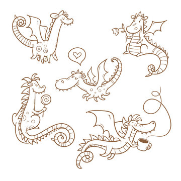 Cartoon dragons set. Cute animals. Vector contour image.