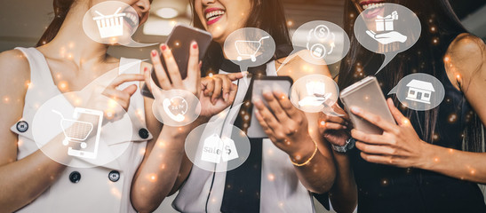 Online shopping and Internet Money Payment Transaction Technology. Modern graphic interface showing e-commerce retail store for customer to purchase product on the website and pay by online transfer.