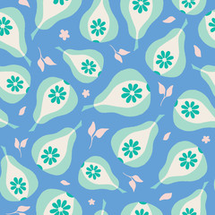 Seamless repeat of hand drawn green pears and pink leaves. A summer vector pattern of fruit and foliage.
