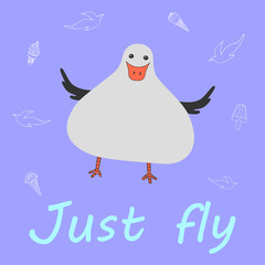 A fat funny gray duck flaps its small wings trying to take off. On the light blue background it is surrounded by counter sketches of birds and ice cream in cups. Below the inscription 