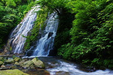 Fototapeta na wymiar Beautiful waterfall surrounded by greenery in Japan