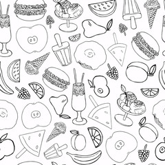 Seamless pattern of black and white hand-drawn food items. Black contour on a white background. Apricot, donut, ice cream, apple, burger, cocktail, pear, watermelon, banana, orange, blackberry,