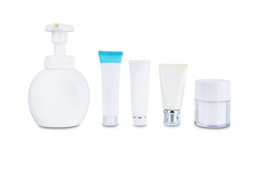 collection of various beauty cosmetic hygiene containers plastic bottle with body moisturising isolated on white background