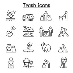 Trash, garbage, rubbish, dump, refuse icon set in thin line style