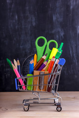 Set of colored pencils and markers for school. Stationery for the student - scissors, sharpener,...