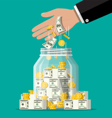 Glass money jar full of gold coins and banknotes. Saving dollar coin in moneybox. Growth, income, savings, investment. Symbol of wealth. Business success. Flat style vector illustration.