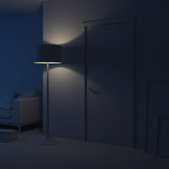 Modern house interior. Door in the interior. Night. Evening lighting. 3D rendering.