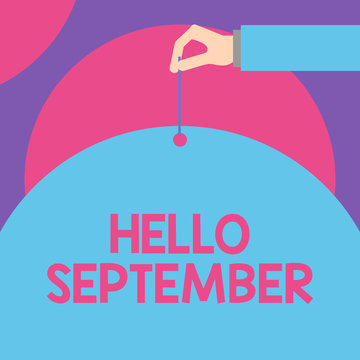 Handwriting text Hello September. Conceptual photo Eagerly wanting a warm welcome to the month of September Male hand arm needle punching big half blank balloon geometrical background