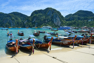 Traditional wooden boat on blue sea