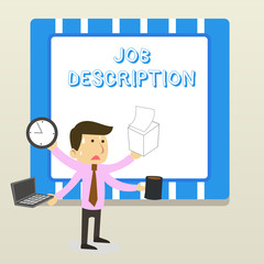 Word writing text Job Description. Business photo showcasing a formal account of an employee s is responsibilities Stressed Out Male Employee Manager Many Armed Multitasking Meet Deadline