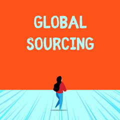 Conceptual hand writing showing Global Sourcing. Concept meaning practice of sourcing from the global market for goods Young long hair woman holding blank square announcement design