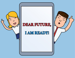 Writing note showing Dear Future I Am Ready. Business concept for Confident to move ahead or to face the future Male and Female Index Fingers Up Touch Screen Tablet Smartphone Device