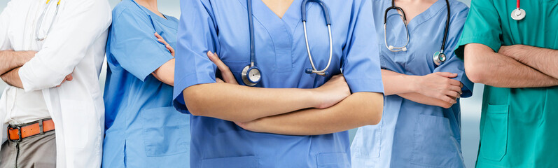Healthcare people group. Professional doctor working in hospital office or clinic with other...