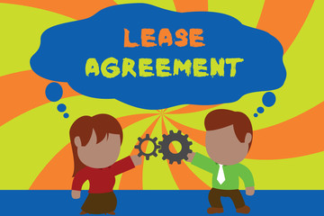 Text sign showing Lease Agreement. Business photo showcasing Contract on the terms to one party agrees rent property Standing young couple sharing gear. Man tie woman skirt commerce relation