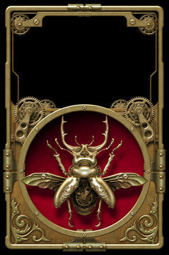 Steampunk brass ornate frame with mechanical beetle decoration