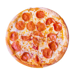 Pepperoni pizza on white background. Concept of italian food, fast food, unhealthy food. Salami, cheese. Bright image, minimalism, top view, flat lay. Place for text.