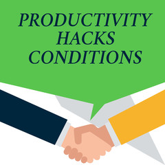 Conceptual hand writing showing Productivity Hacks. Concept meaning tricks that you get more done in the same amount of time People have conversation greet each other and shake hands