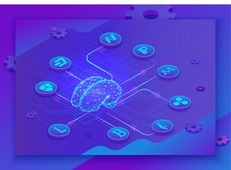 Artificial intelligence in blockchain, isometric 3d brain, landing page with server and digital money icons, future technolodgy and virtual cryptocurrency payment concept, vector illustration