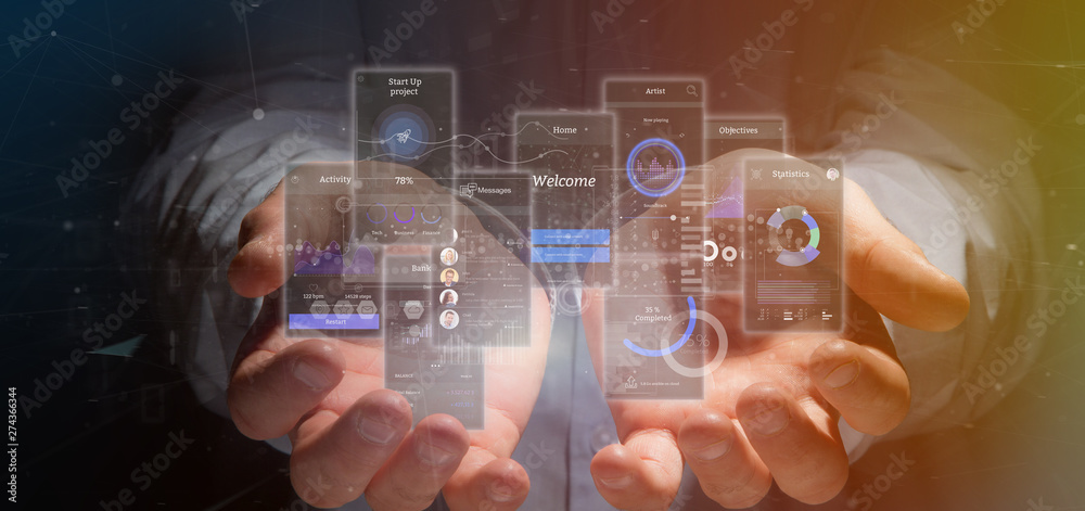 Poster businessman holding user interface screens with icon, stats and data 3d rendering