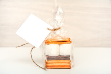 smore - cookies, chocolate and marshmallows - traditional dessert - square favor tag mockup