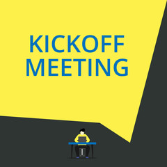 Handwriting text Kickoff Meeting. Conceptual photo Special discussion on the legalities involved in the project View young man sitting chair desk working open laptop geometric background