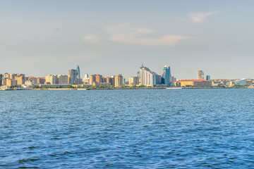Fototapeta premium Baku, Azerbaijan - May 22, 2019: Azerbaijan, Baku City panorama skyline and caspian sea. panoramic shot.