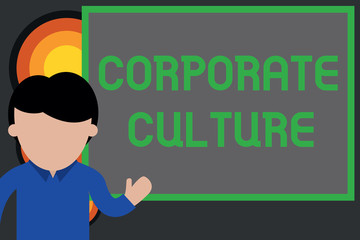 Text sign showing Corporate Culture. Business photo showcasing pervasive values and attitudes that characterize a company Young man standing in front whiteboard pointing to project. photo Art