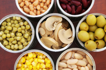 Canned food close up, top view