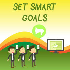 Conceptual hand writing showing Set Smart Goals. Concept meaning giving criteria to guide in the setting of objectives SMS Email Marketing Media Audience Attraction PC Loudspeaker