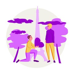 Man gives his heart to woman. Concept for dating or searching for romantic partner on internet. Flat cartoon colorful vector illustration. Eiffel tower