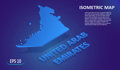 Isometric map of the United Arab Emirates. Stylized flat map of the country on blue background. Modern isometric 3d location map with place for text or description. 3D concept for infographic. EPS 10.